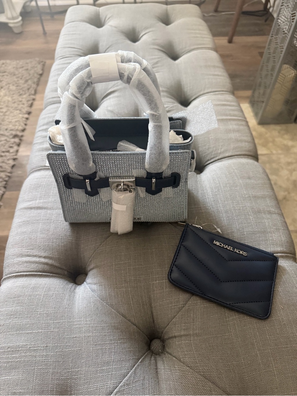 Michael Kors Silver Mini Tote with Navy Quilted Card Case